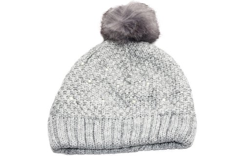 Dames Muts pompon fur en parel steentjes - L. Grey