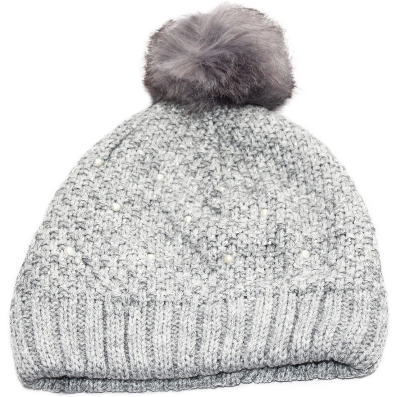 Dames Muts pompon fur en parel steentjes - L. Grey