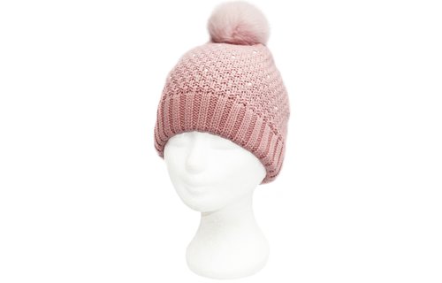 Dames Muts pompon fur en parel steentjes - Pink