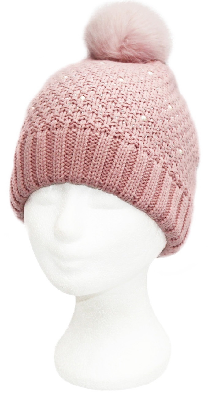 Dames Muts pompon fur en parel steentjes - Pink