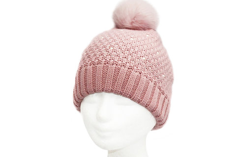 Dames Muts pompon fur en parel steentjes - Pink