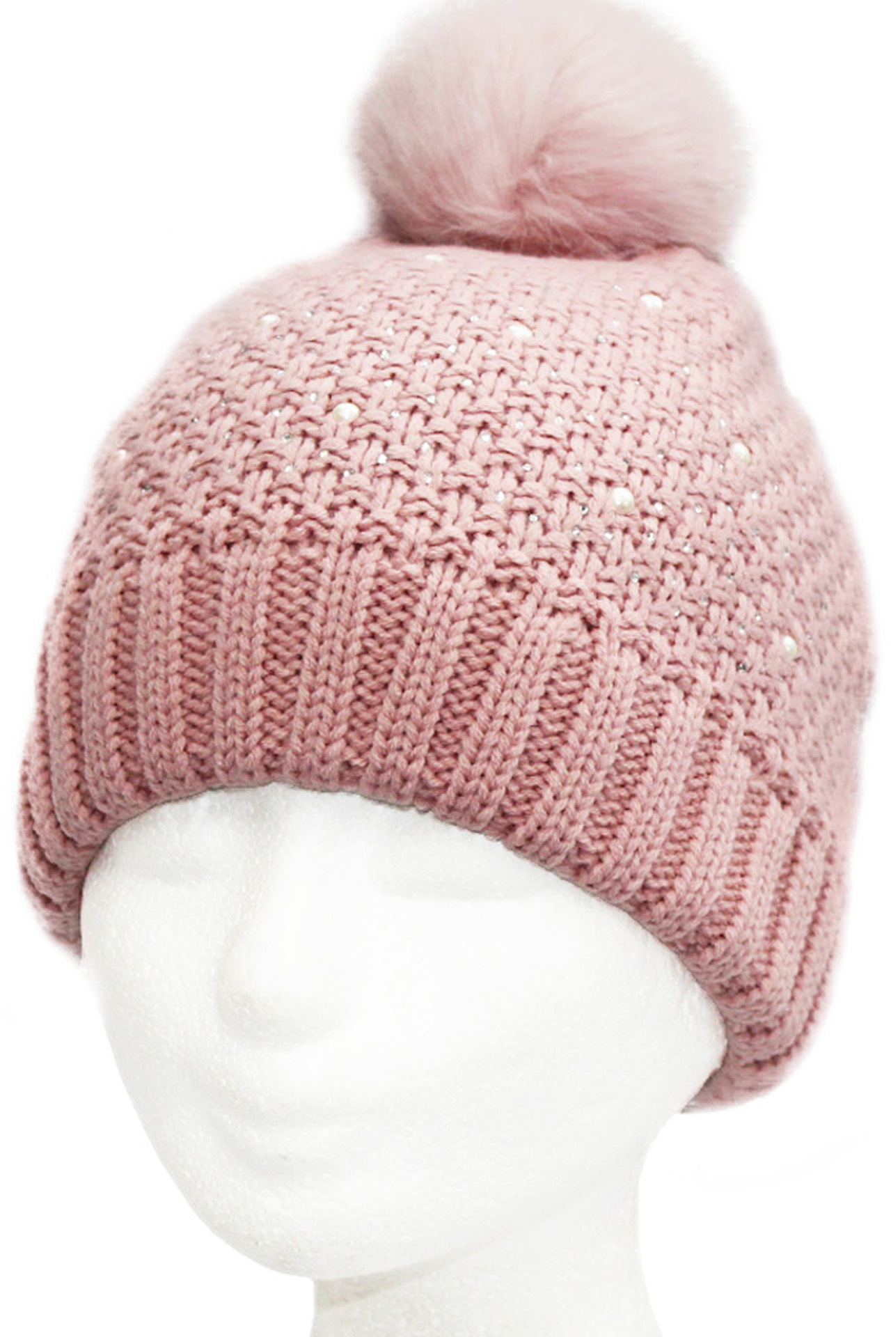 Dames Muts pompon fur en parel steentjes - Pink