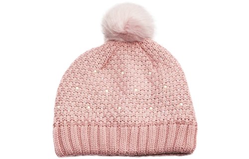 Dames Muts pompon fur en parel steentjes - Pink