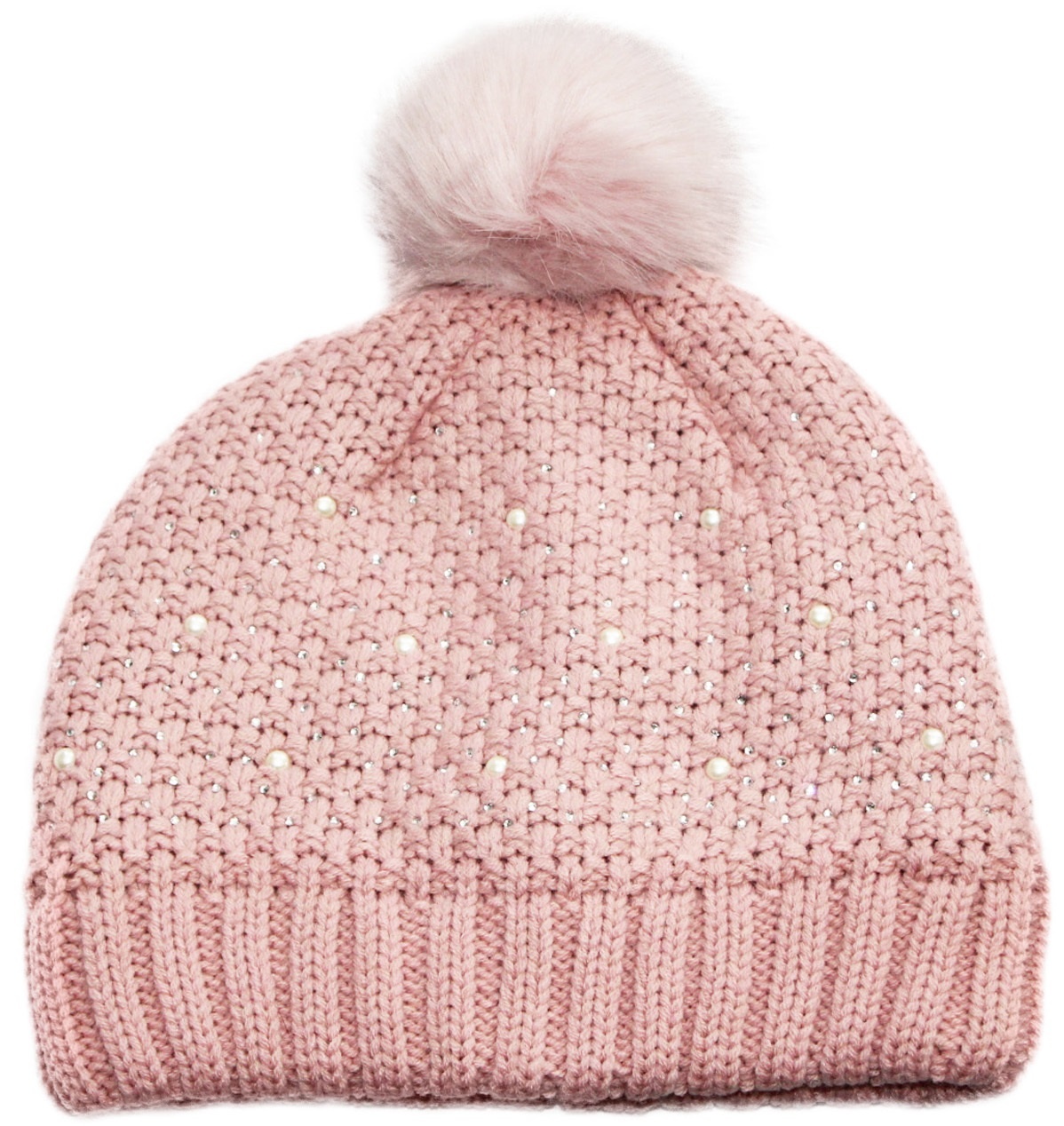Dames Muts pompon fur en parel steentjes - Pink