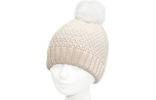 Dames Muts pompon fur en parel steentjes - L. Beige Dames Muts pompon fur en parel steentjes - L. Beige