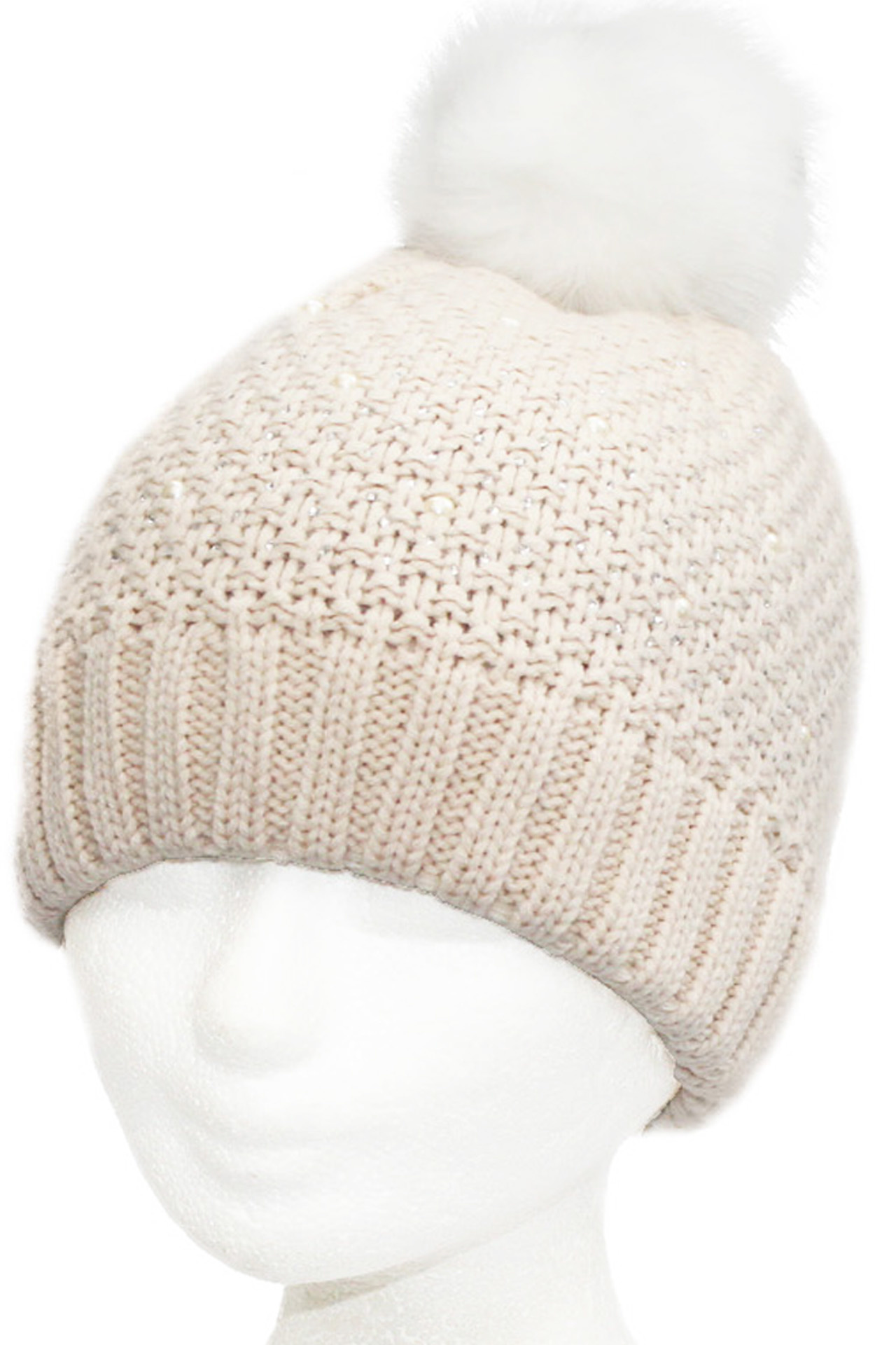 Dames Muts pompon fur en parel steentjes - L. Beige Dames Muts pompon fur en parel steentjes - L. Beige