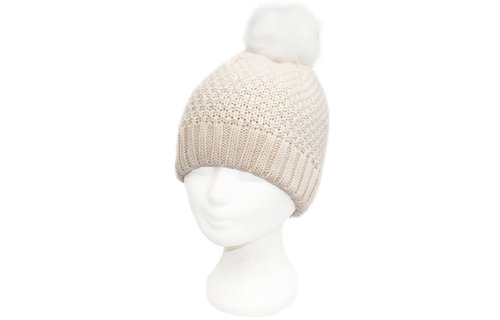 Dames Muts pompon fur en parel steentjes - L. Beige Dames Muts pompon fur en parel steentjes - L. Beige