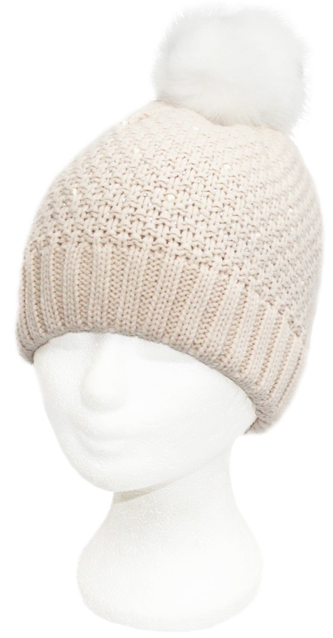 Dames Muts pompon fur en parel steentjes - L. Beige Dames Muts pompon fur en parel steentjes - L. Beige