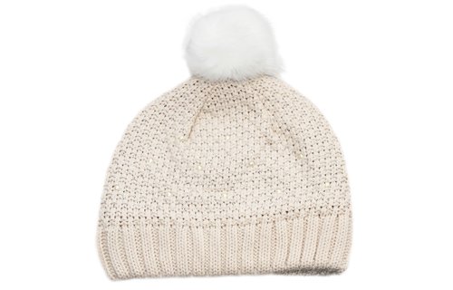 Dames Muts pompon fur en parel steentjes - L. Beige Dames Muts pompon fur en parel steentjes - L. Beige