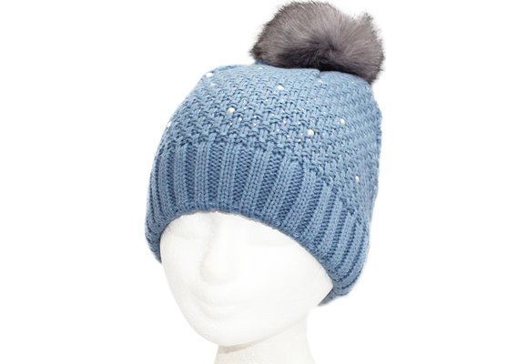 Dames Muts pompon fur en parel steentjes - Blue