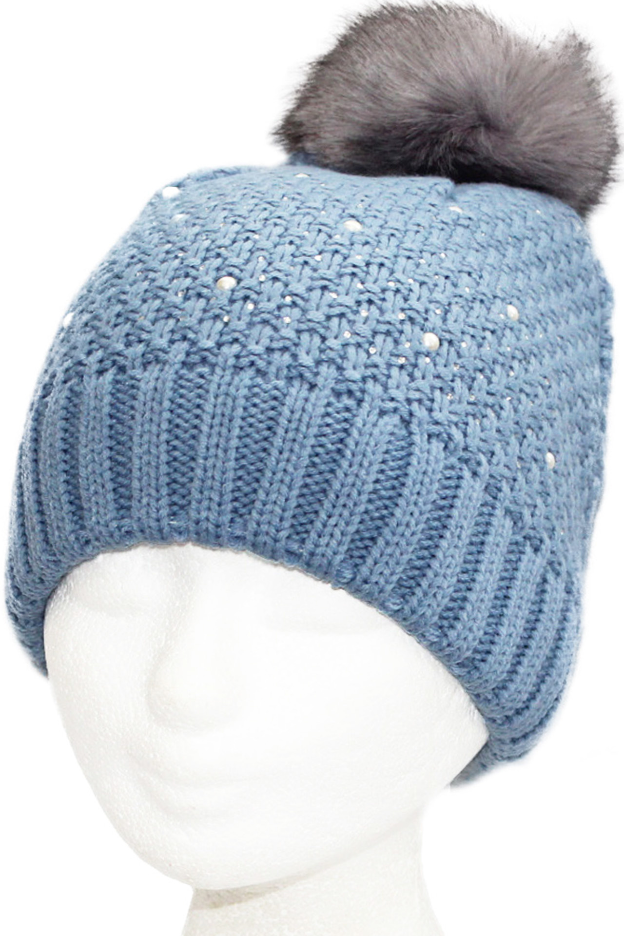 Dames Muts pompon fur en parel steentjes - Blue Dames Muts pompon fur en parel steentjes - Blue