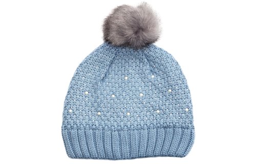 Dames Muts pompon fur en parel steentjes - Blue Dames Muts pompon fur en parel steentjes - Blue