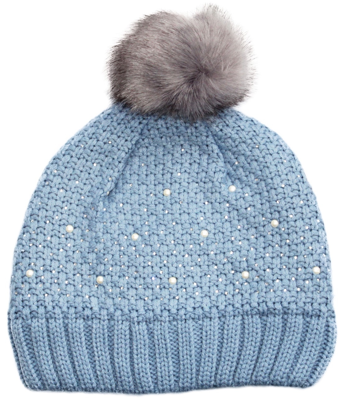 Dames Muts pompon fur en parel steentjes - Blue Dames Muts pompon fur en parel steentjes - Blue