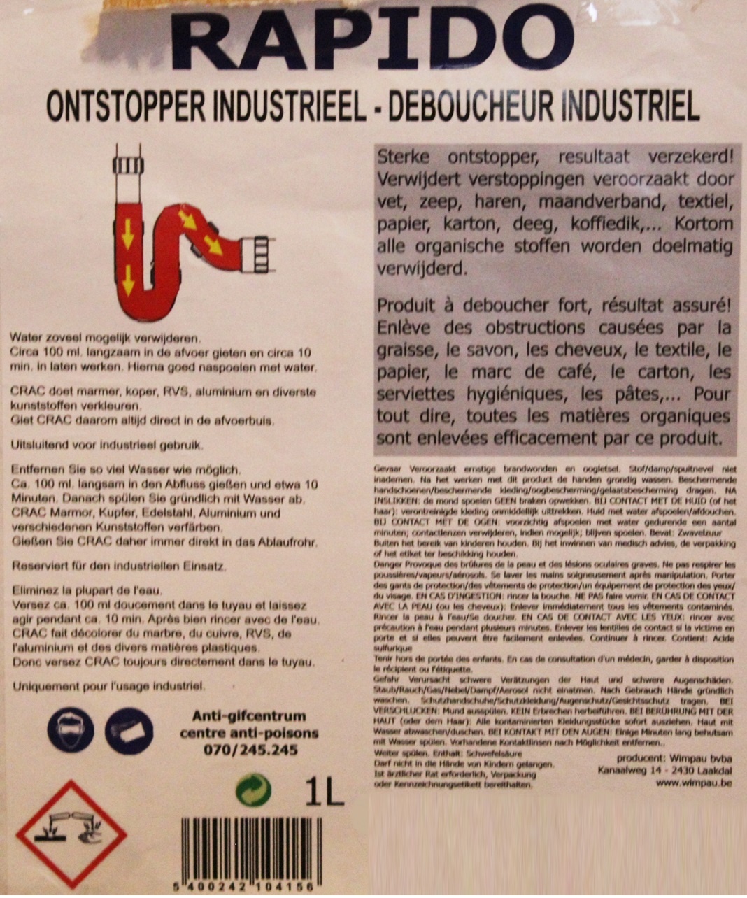 Rapido  "Industriële  ontstopper"   1 Liter