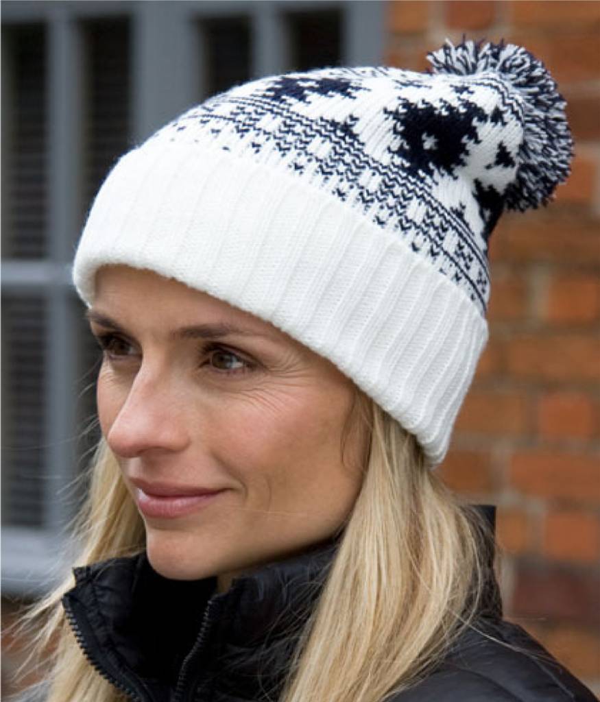 Gebreide jacquard muts Beige / Blauw