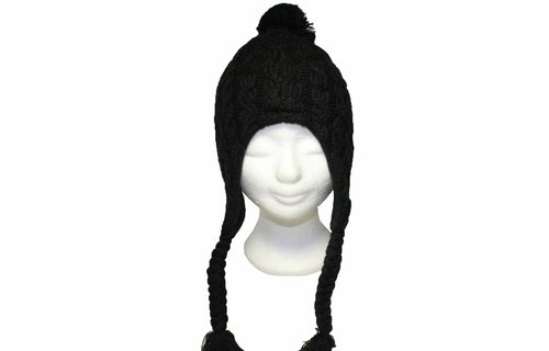 Gebreide pompon muts met vlechten zwart