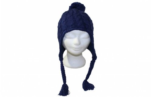 Gebreide pompon muts met vlechten blauw