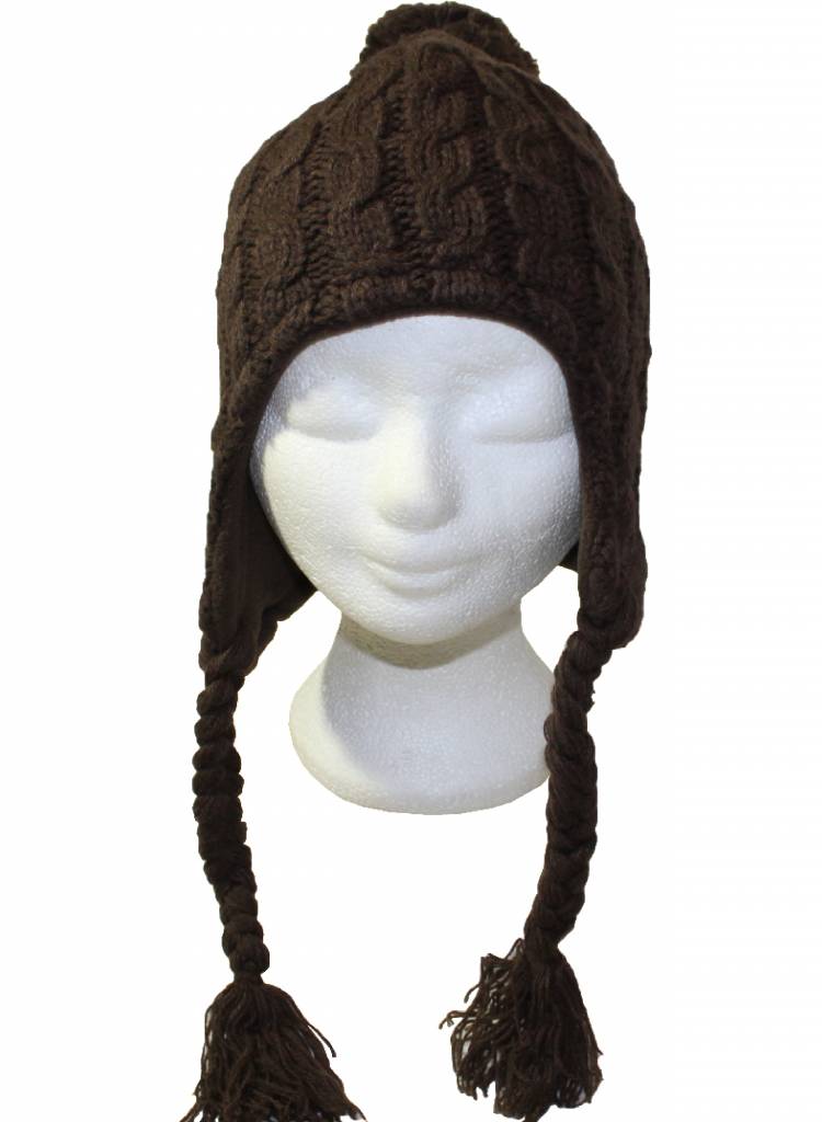 Gebreide pompon muts met vlechten bruin