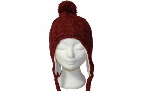 Gebreide pompon muts met vlechten roest oker Gebreide pompon muts met vlechten roest oker