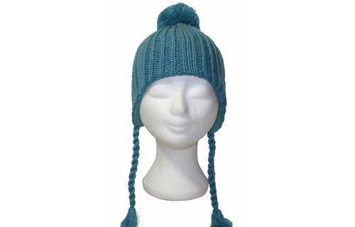 Kindermuts met vlechten en pompon licht Blauw