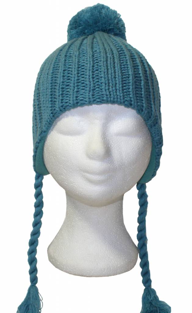 Kindermuts met vlechten en pompon licht Blauw