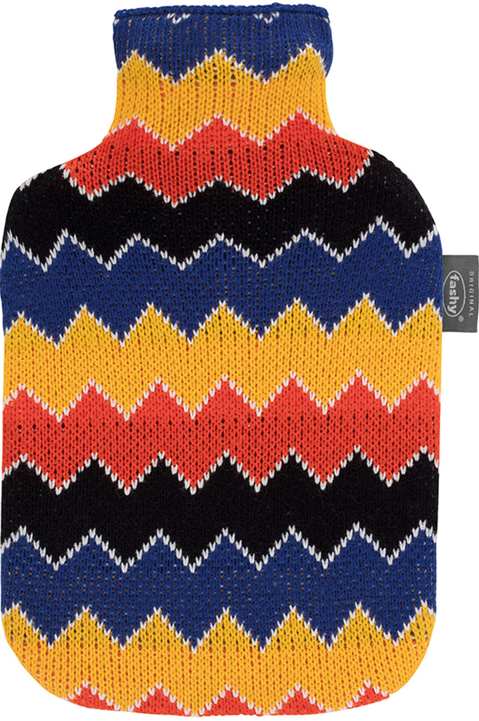 Warmwaterkruik 2 L. gebreide hoes  Kleurrijk zigzag