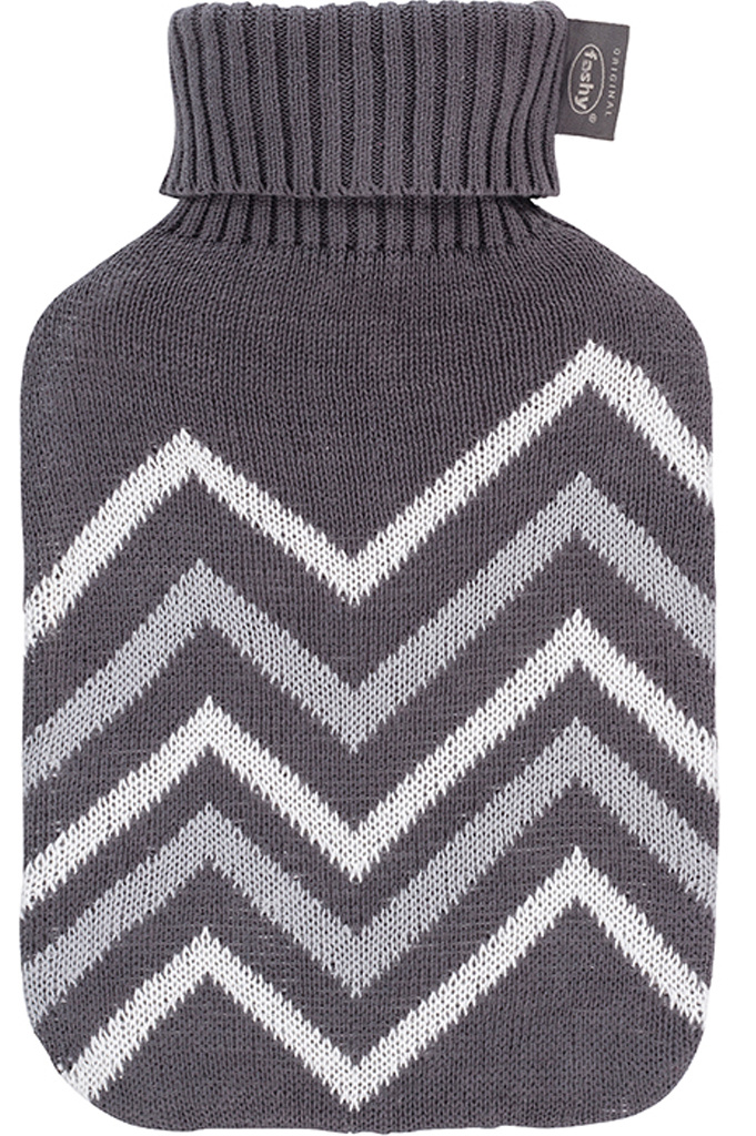 Warmwaterkruik 2 l.  Gebreide hoes  Kraag - Grijs/Wit