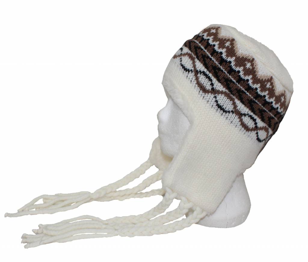 Gebreide Skimuts Loman met lange vlecht Ecru