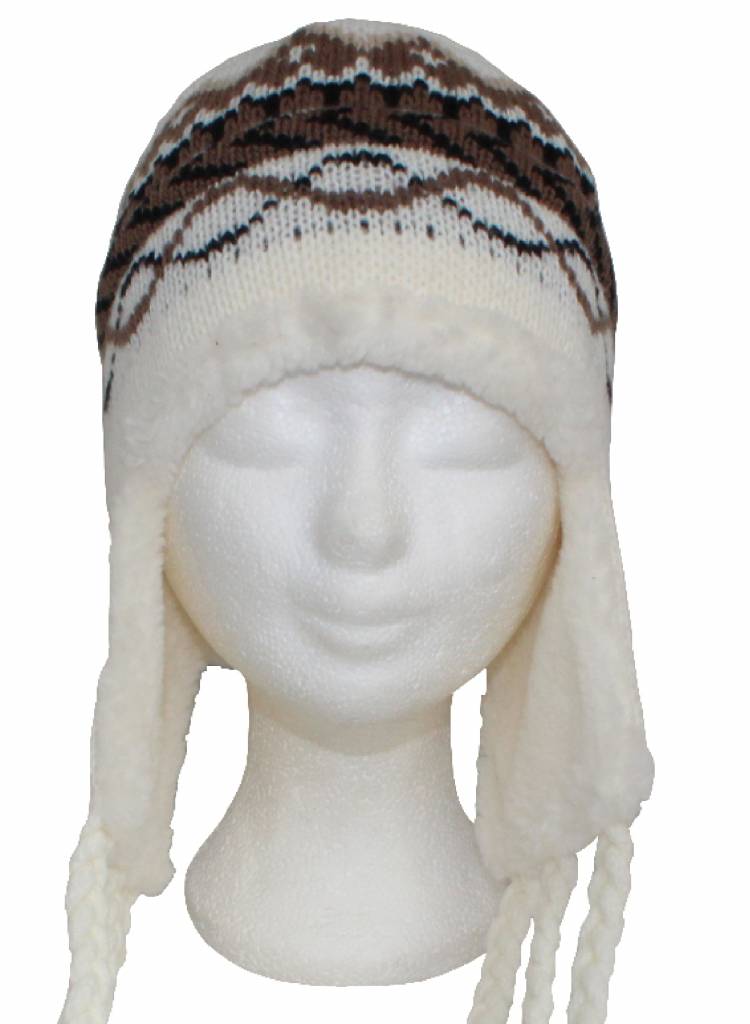 Gebreide Skimuts Loman met lange vlecht Ecru