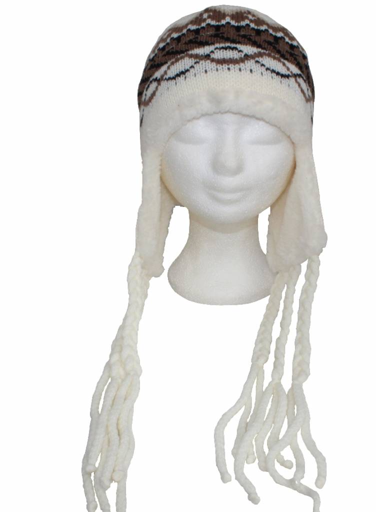 Gebreide Skimuts Loman met lange vlecht Ecru