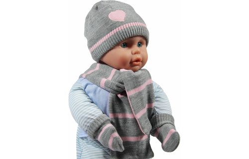 Gebreide Babymuts , sjaal en handschoenen grijs / roos
