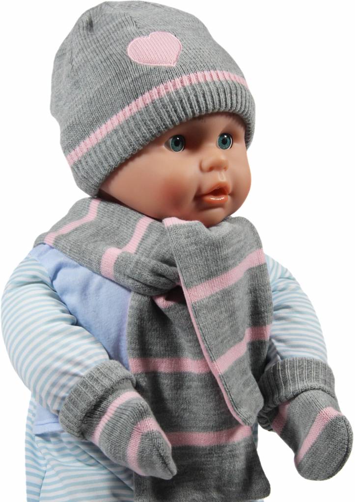 Gebreide Babymuts , sjaal en handschoenen grijs / roos