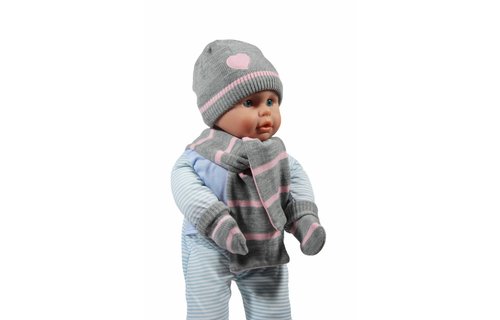 Gebreide Babymuts , sjaal en handschoenen grijs / roos