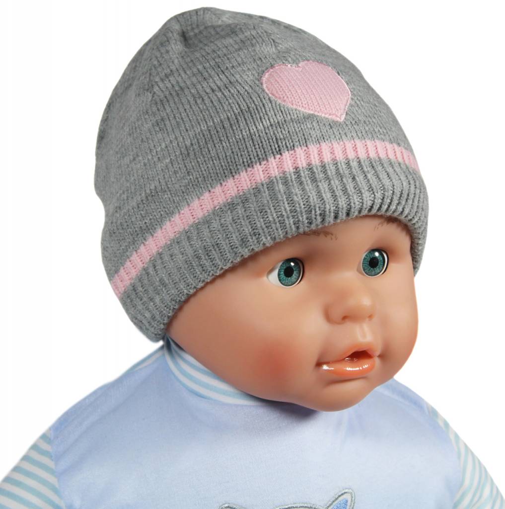 Gebreide babymuts hartje grijs/roos