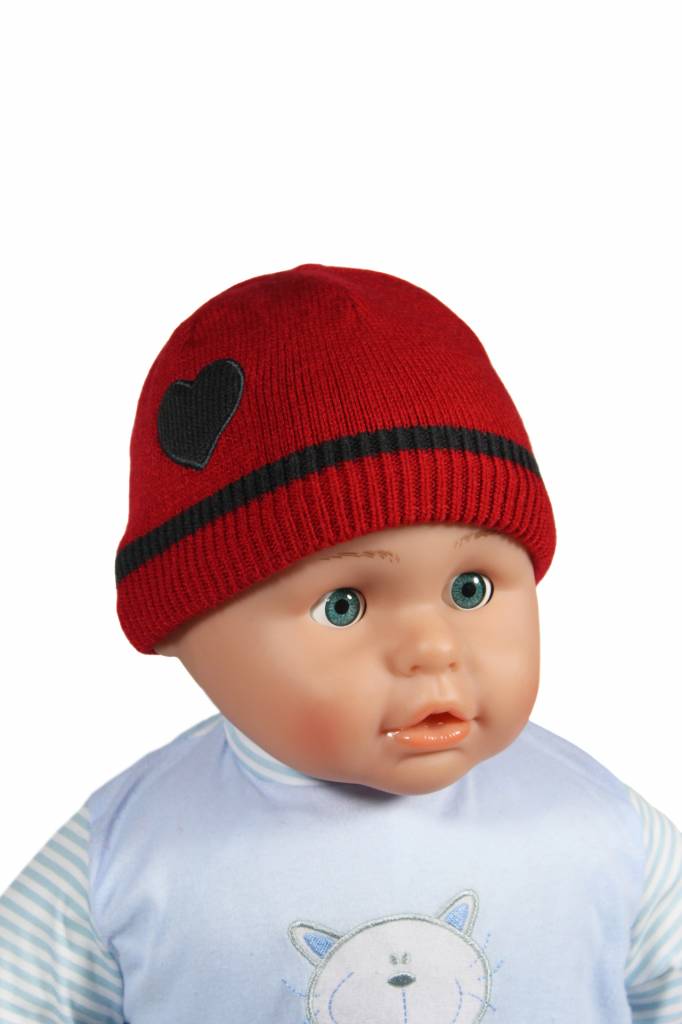 Gebreide babymuts hartje rood/grijs Gebreide babymuts hartje rood/grijs