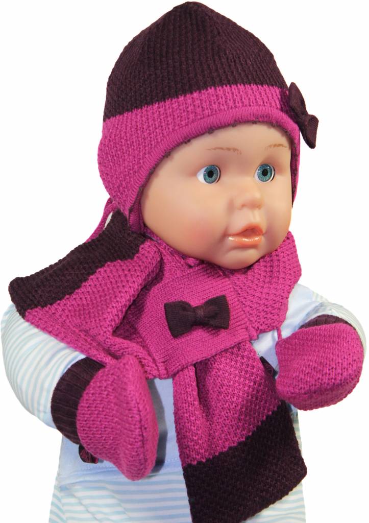 Baby muts - sjaal met strikje en handschoenen paars/roos Baby muts - sjaal met strikje en handschoenen paars/roos