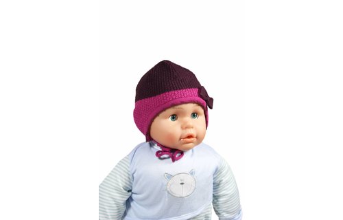 Gebreide babymuts met strikje paars/roos