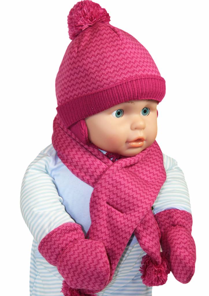 Baby muts - sjaal met pompons en handschoenen roze Baby muts - sjaal met pompons en handschoenen roze