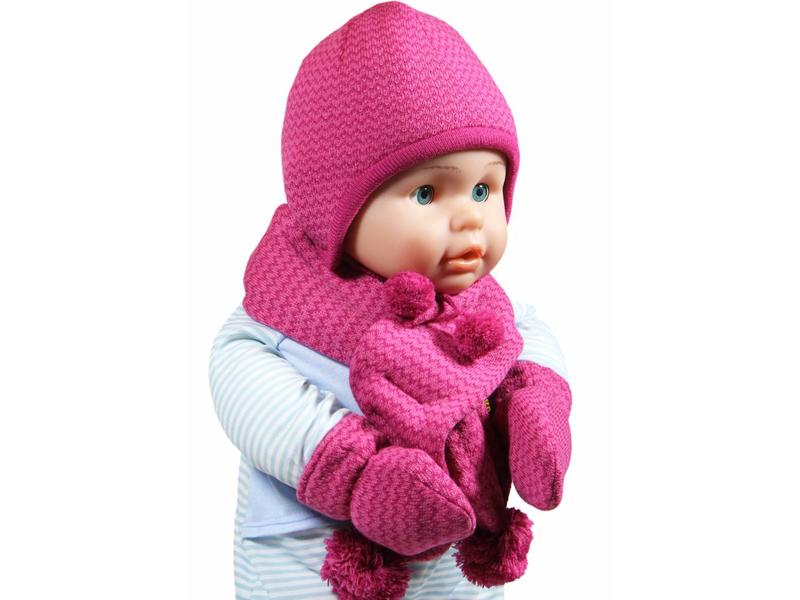 Super Baby muts - sjaal met pompons en wanten roze - Megatip.be UQ-12