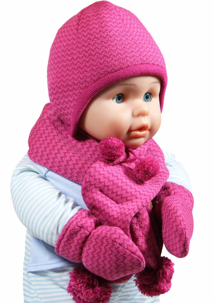 Baby muts - sjaal met pompons en wanten roze
