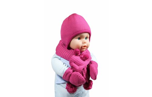 Baby muts - sjaal met pompons en wanten roze