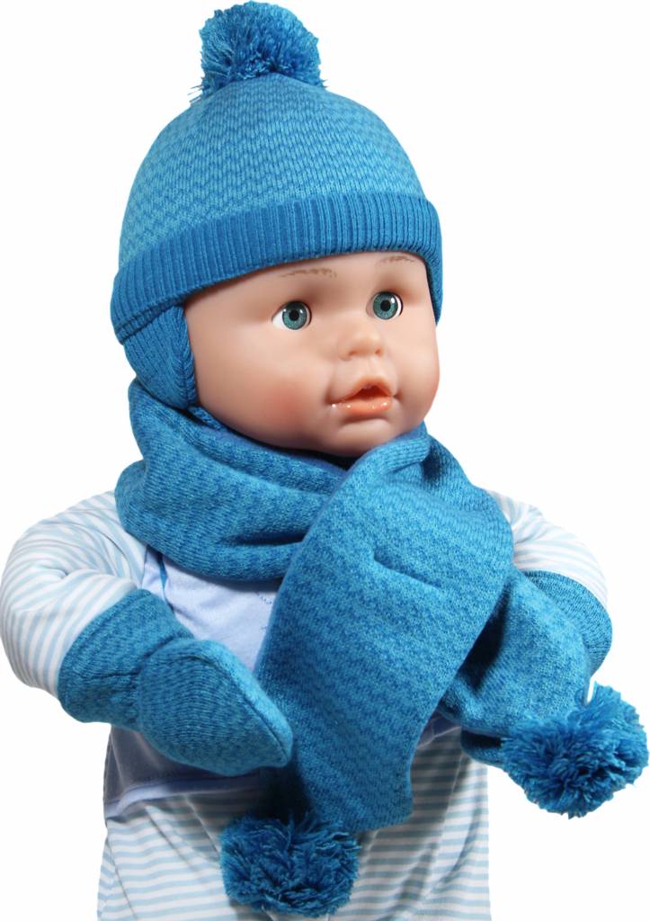 Baby muts - sjaal met pompons en handschoenen blauw