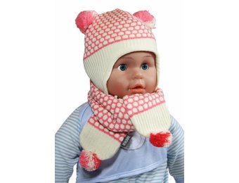 Baby Muts en Sjaal pompon roze/ecru