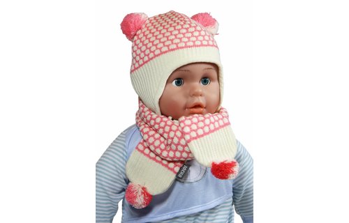 Baby Muts en Sjaal pompon roze/ecru
