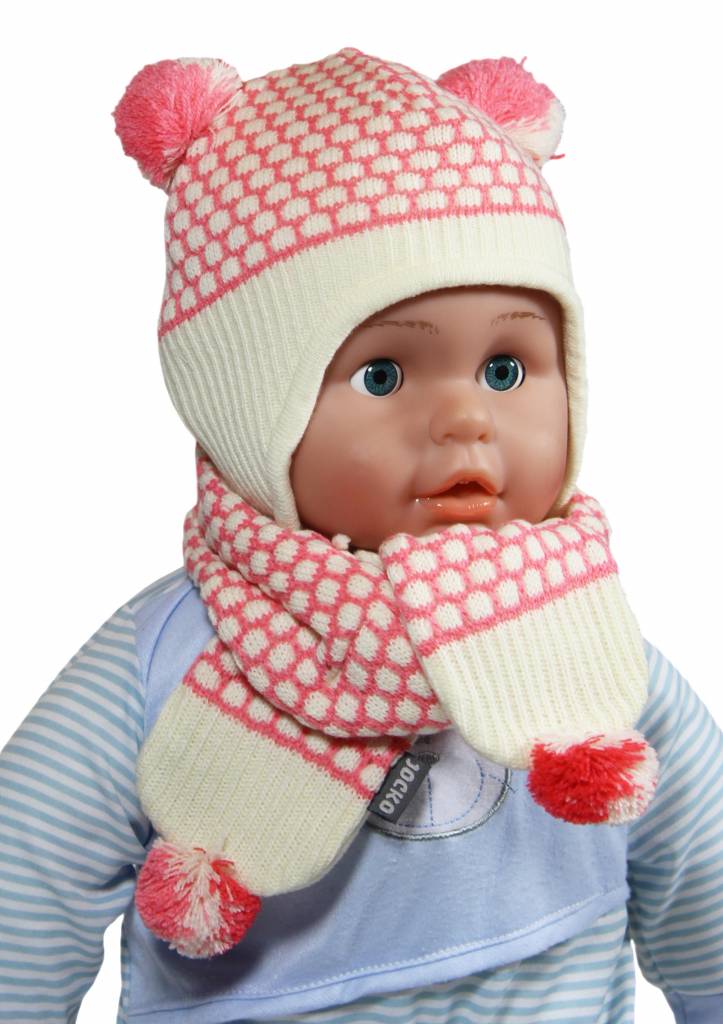 Baby Muts en Sjaal pompon roze/ecru