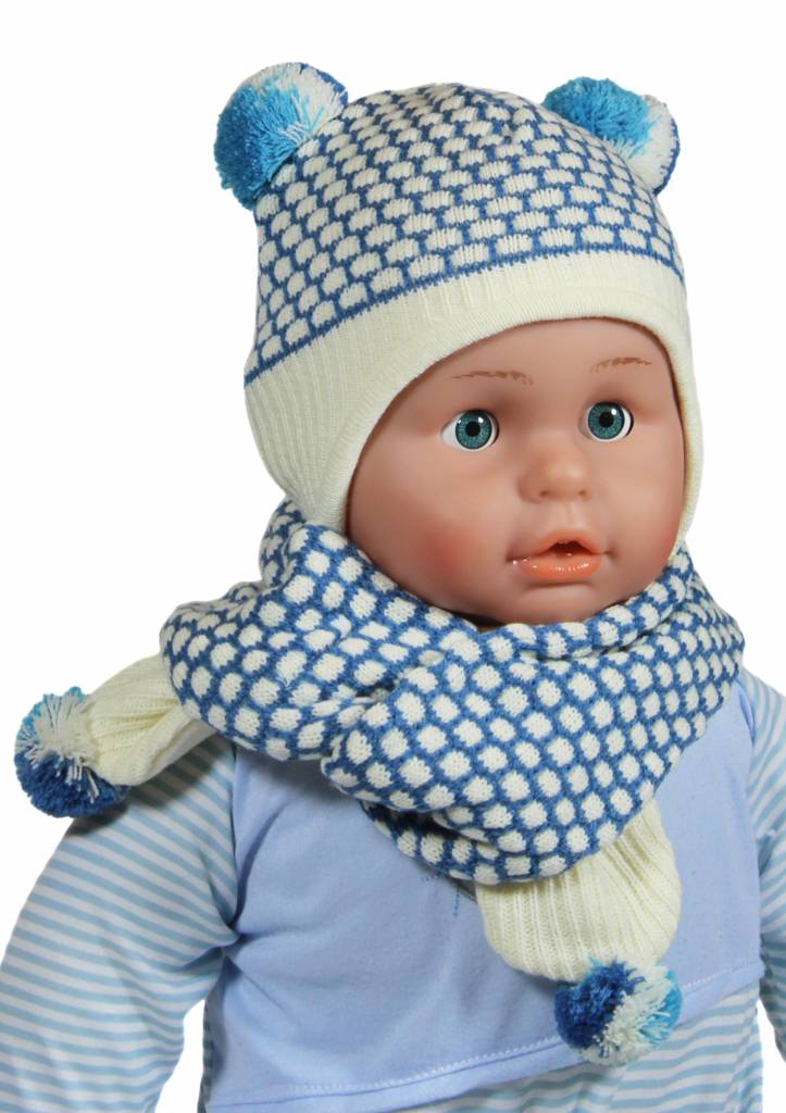 Baby Muts en Sjaal pompon blauw/ecru