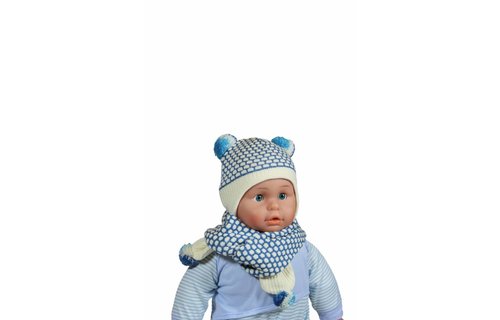 Baby Muts en Sjaal pompon blauw/ecru