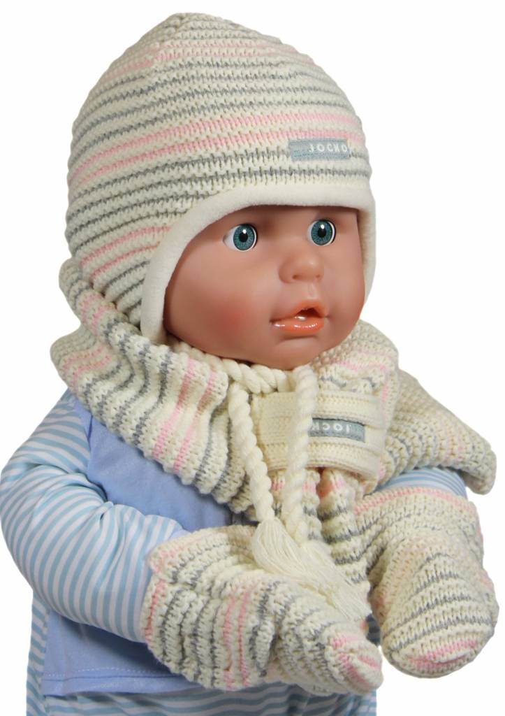 Baby muts - sjaal en wantjes gestreept ecru/roze Baby muts - sjaal en wantjes gestreept ecru/roze
