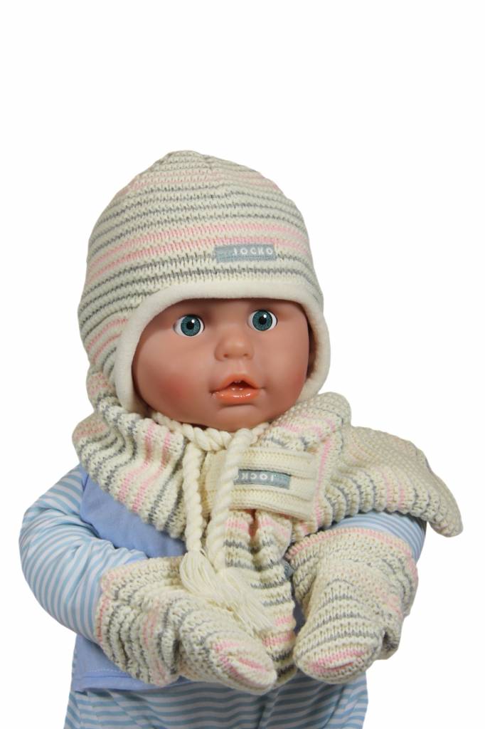 Baby muts - sjaal en wantjes gestreept ecru/roze Baby muts - sjaal en wantjes gestreept ecru/roze