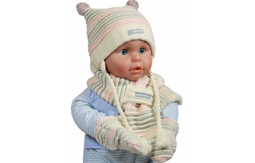 Baby muts - sjaal en wantjes pompon ecru/roze